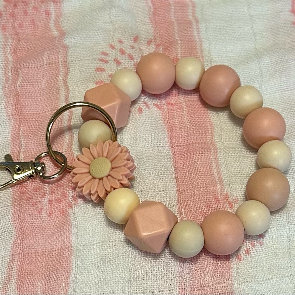 Pink and Cream Beaded Keychain Bracelet/ bag charm